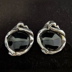 Vintage Sterling Silver Black Onyx Clip-On Earrings Signed Large 1 7/8″